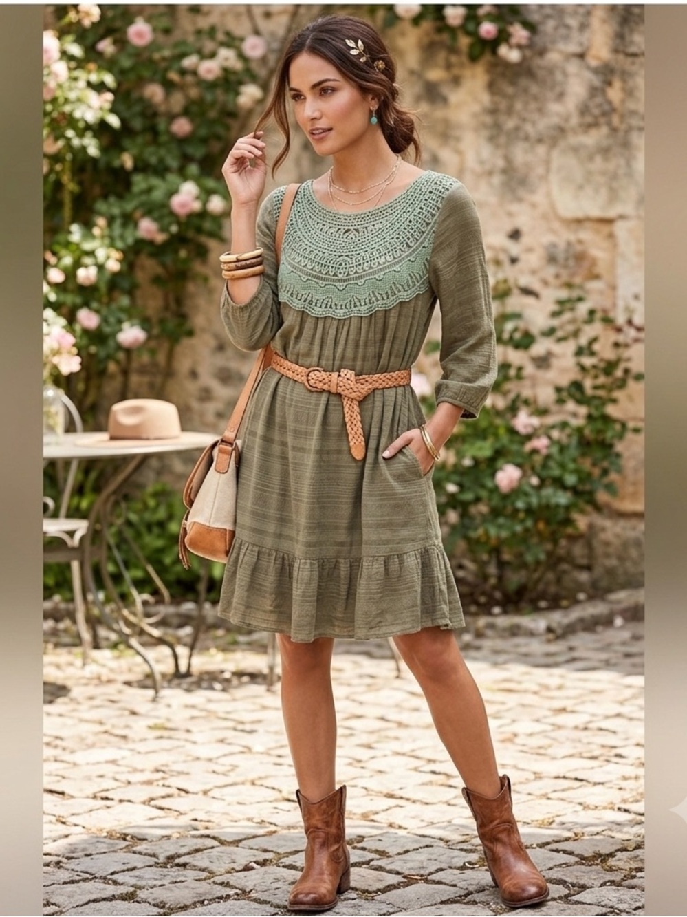 Entro Green Crochet Boho Peasant Dress Size Medium. Fairy core